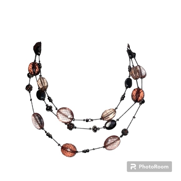 Three Strand Antique Black Chain and Amber Stone Necklace - Picture 2 of 7